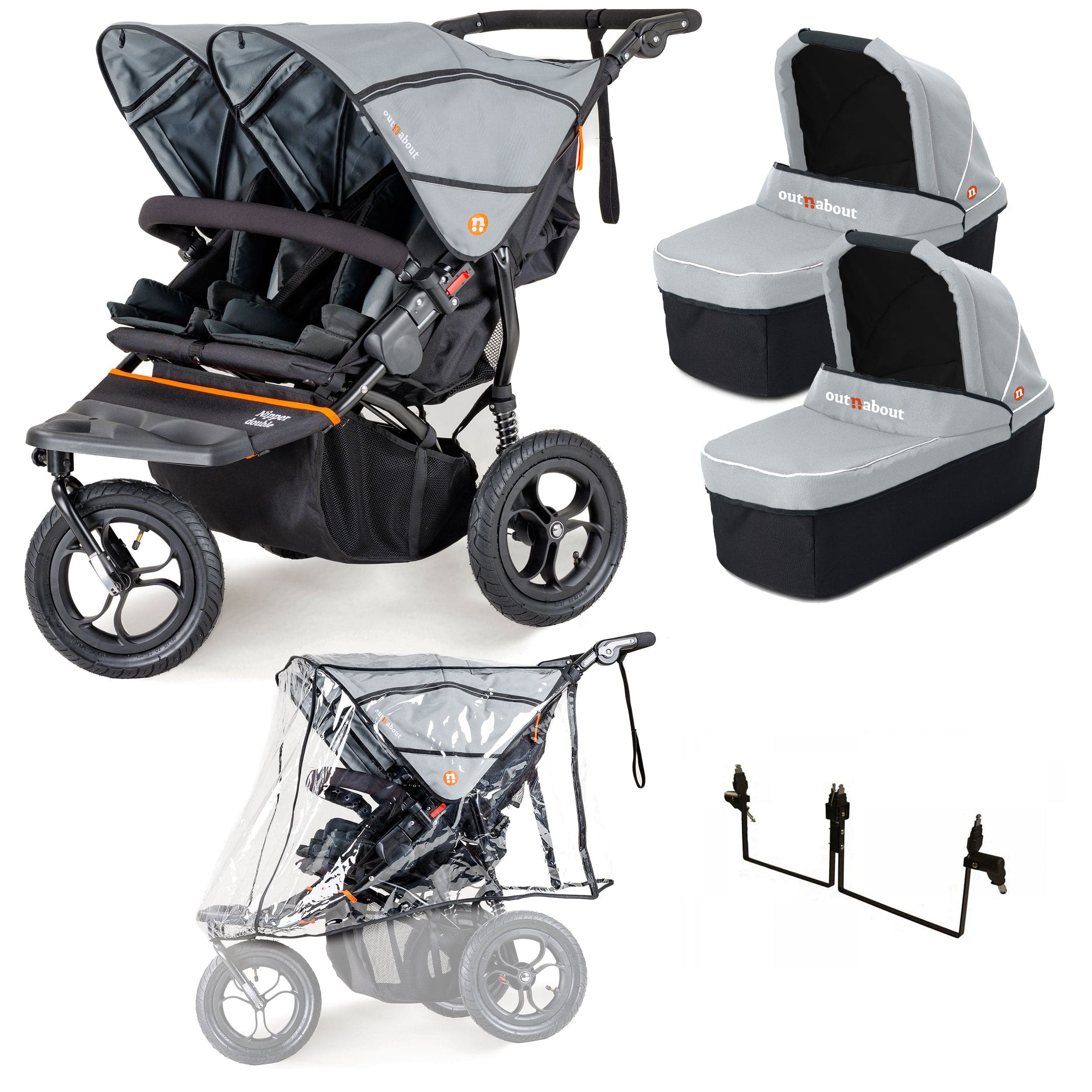 Out n About 3 Wheeler Pushchair Bundles Out n About Nipper Double Twin Starter Kit in Rock Salt Grey 15714-DTW-START-RSG