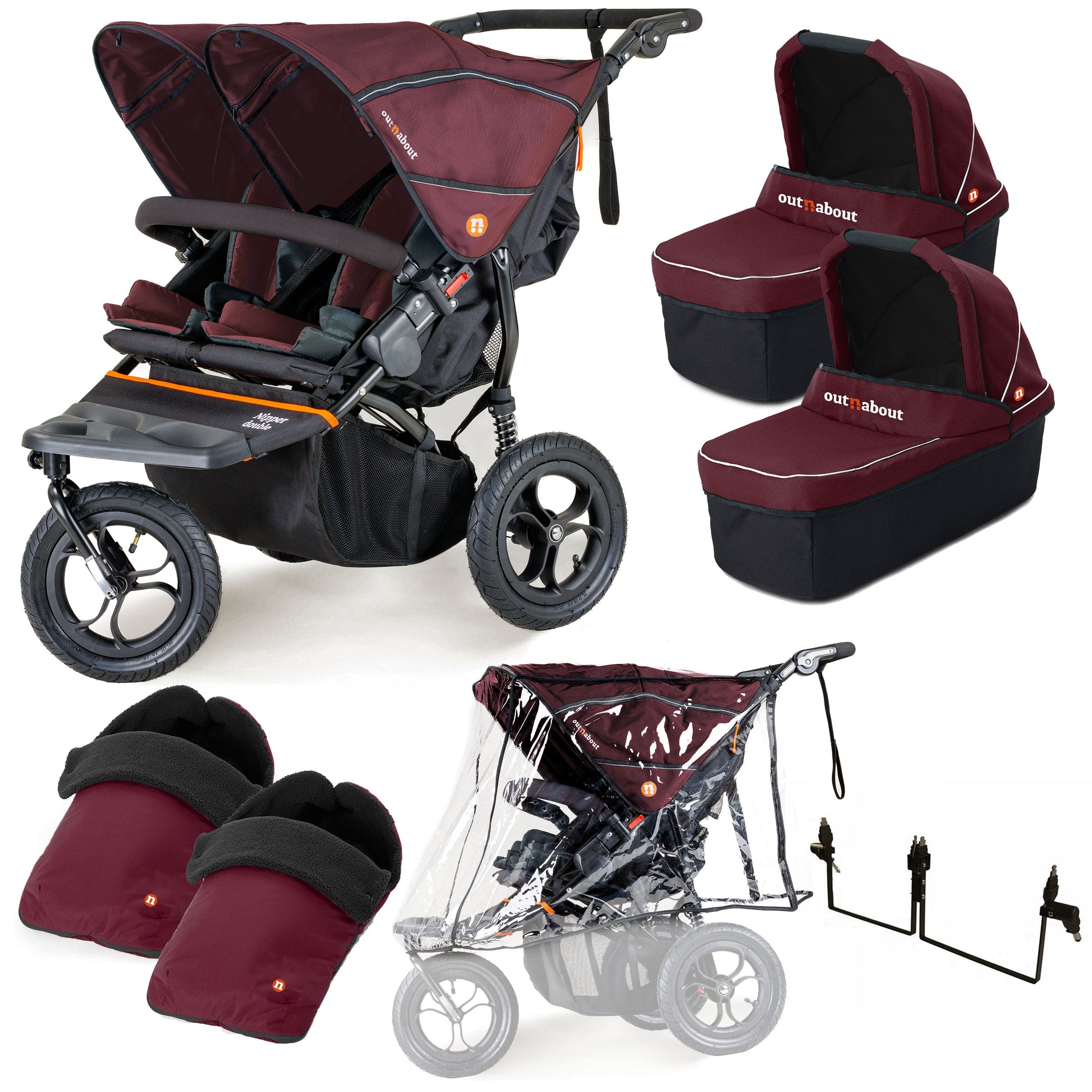 Out n About 3 Wheeler Pushchair Bundles Out n About Nipper Double Twin Essentials Kit in Brambleberry Red 15717-DTW-ESS-RED