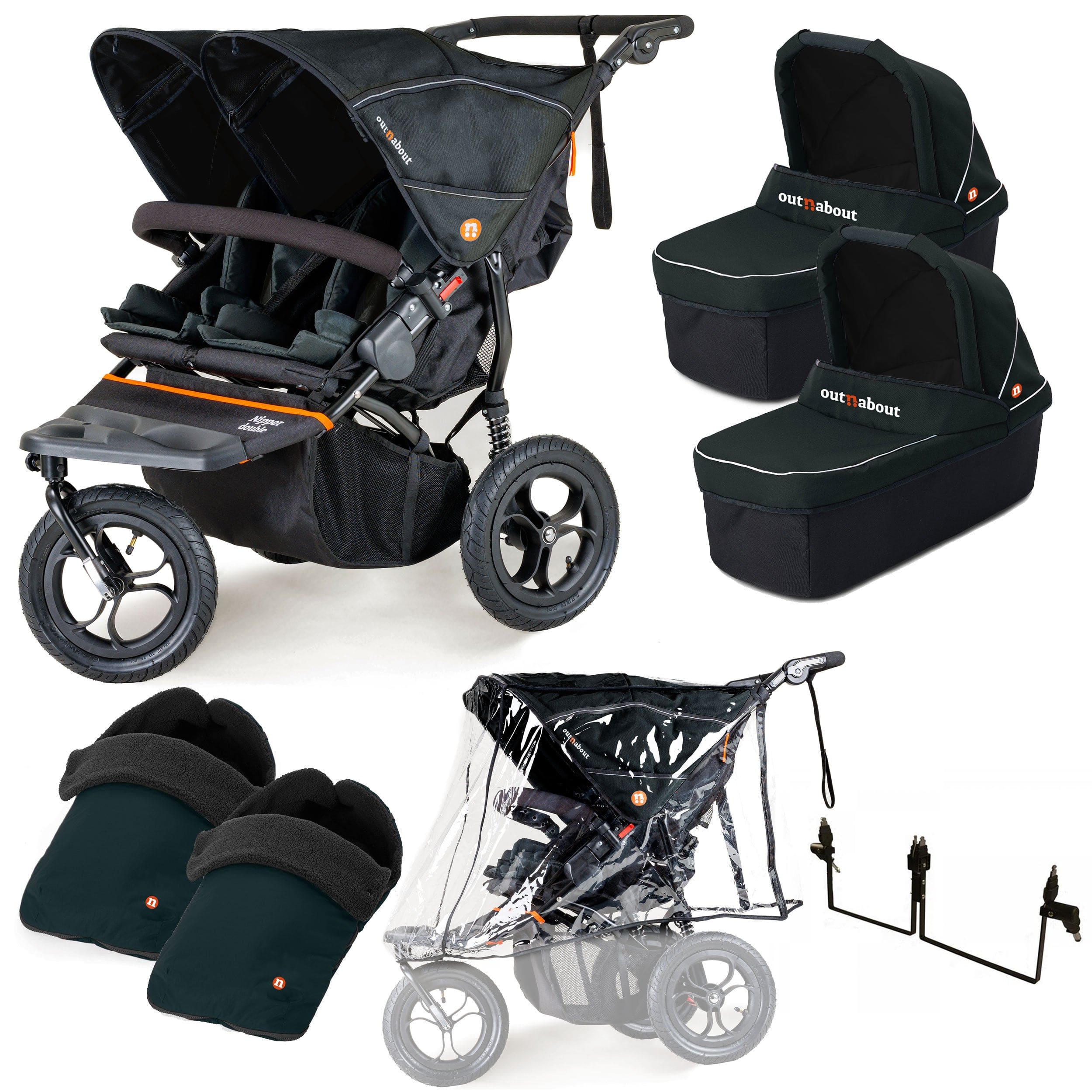 Out n About 3 Wheeler Pushchair Bundles Out n About Nipper Double Twin Essentials Kit in Forest Black 15718-DTW-ESS-FBLACK