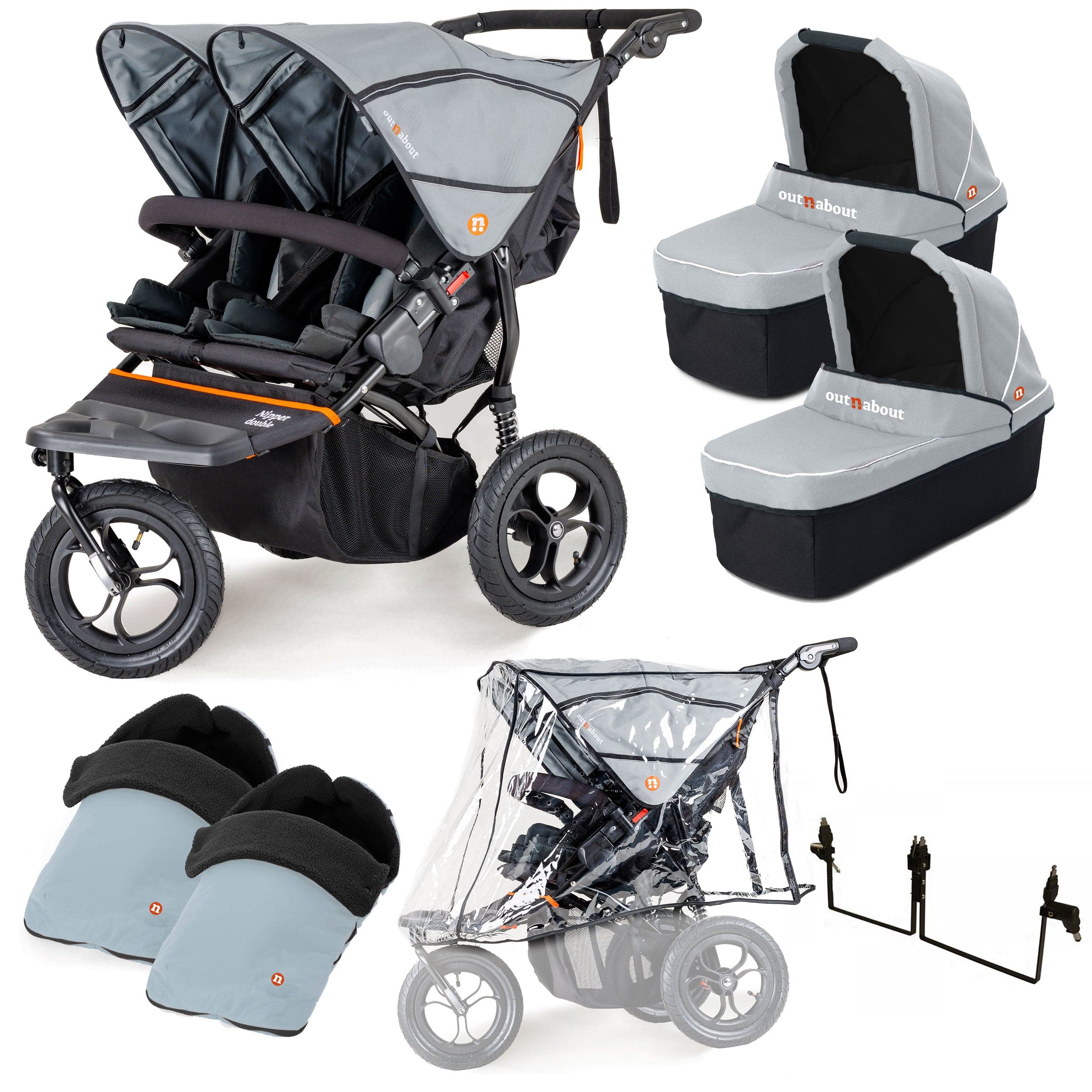 Out n About 3 Wheeler Pushchair Bundles Out n About Nipper Double Twin Essentials Kit in Rock Salt Grey 15720-DTW-ESS-RSG