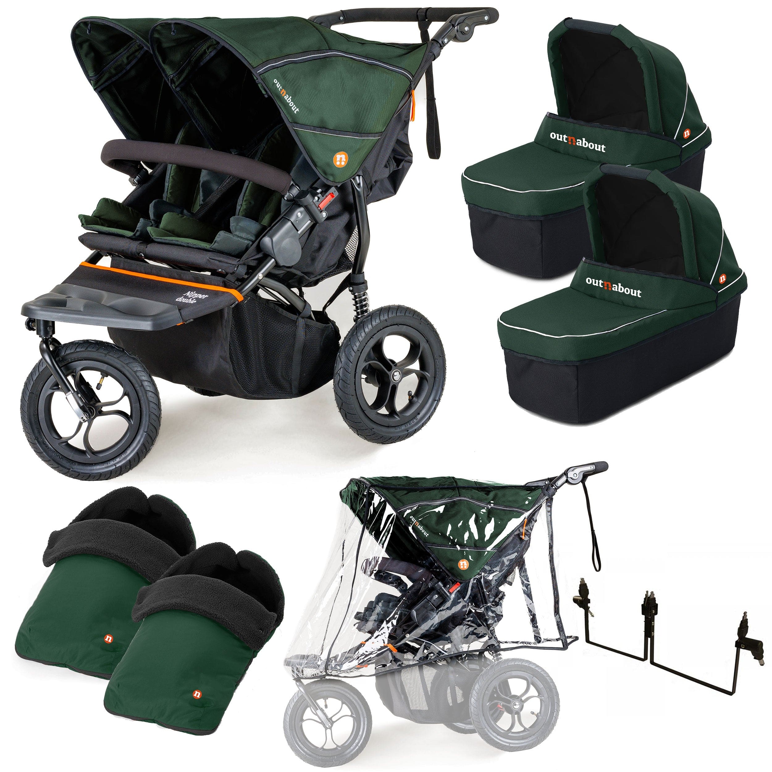 Out n About 3 Wheeler Pushchair Bundles Out n About Nipper Double Twin Essentials Kit in Sycamore Green 15723-DTW-ESS-GRE