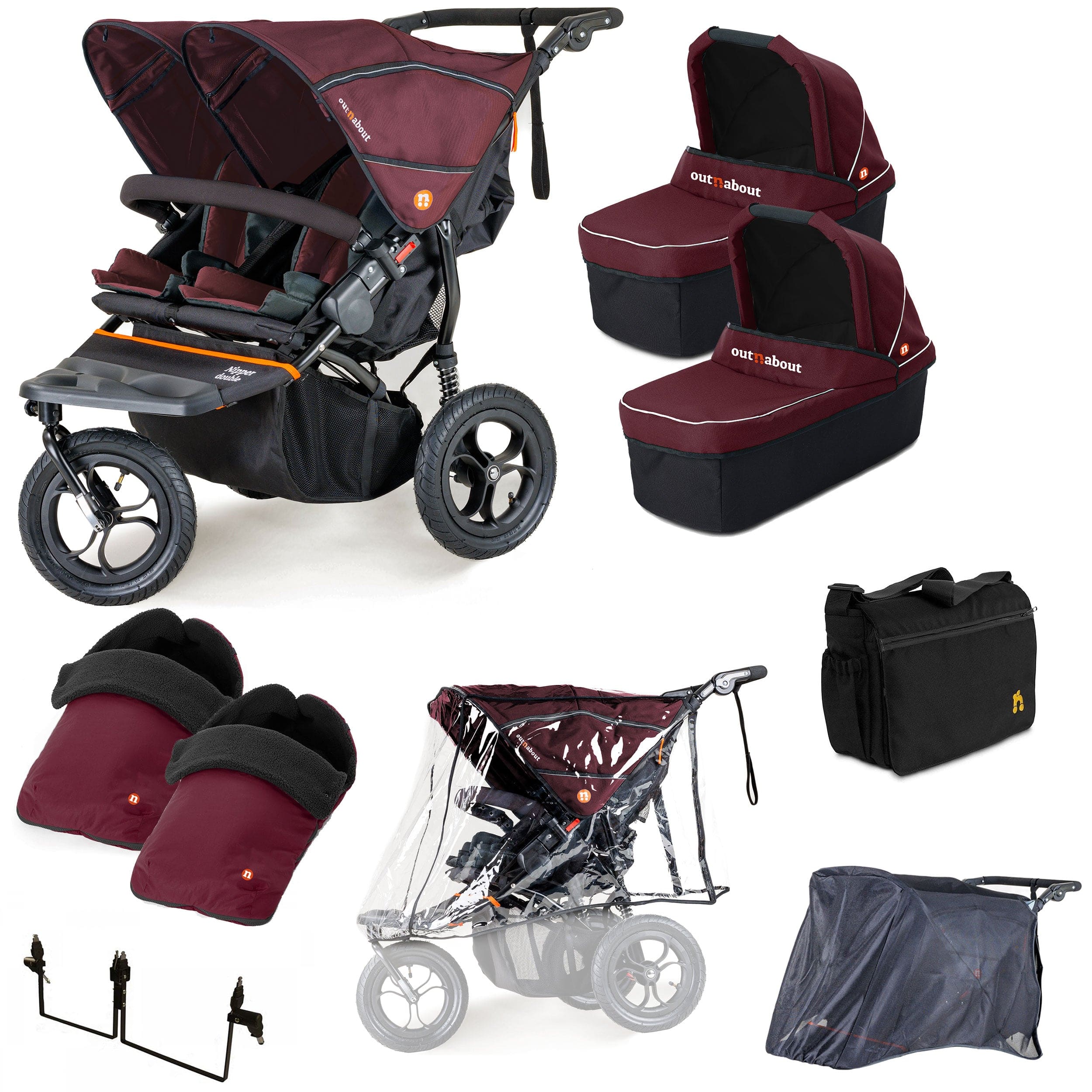 Out n About 3 Wheeler Pushchair Bundles Out n About Nipper Double Twin Ultimate Kit in Brambleberry Red 15735-DTW-ULT-RED