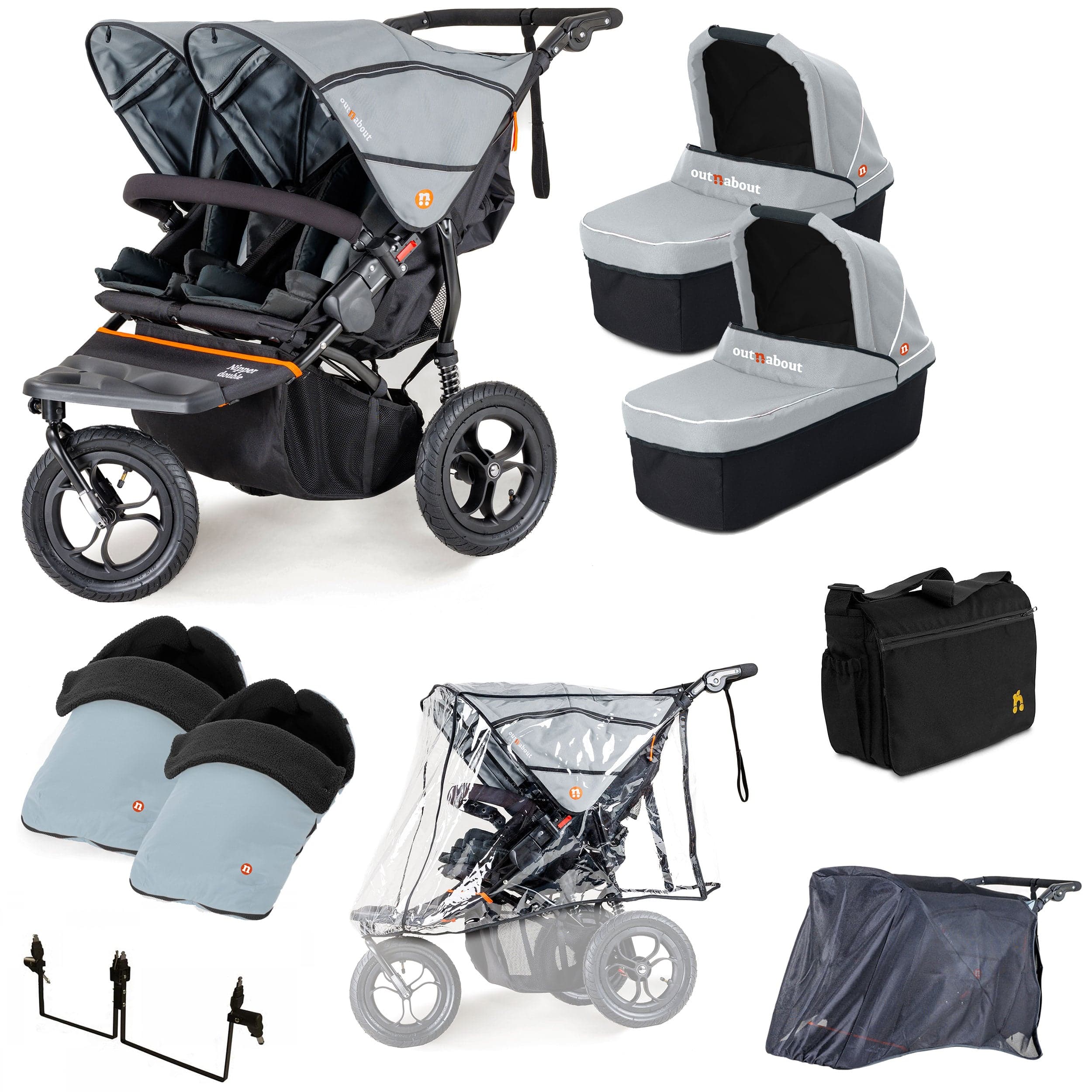 Out n About 3 Wheeler Pushchair Bundles Out n About Nipper Double Twin Ultimate Kit in Rock Salt Grey 15740-DTW-ULT-RSG