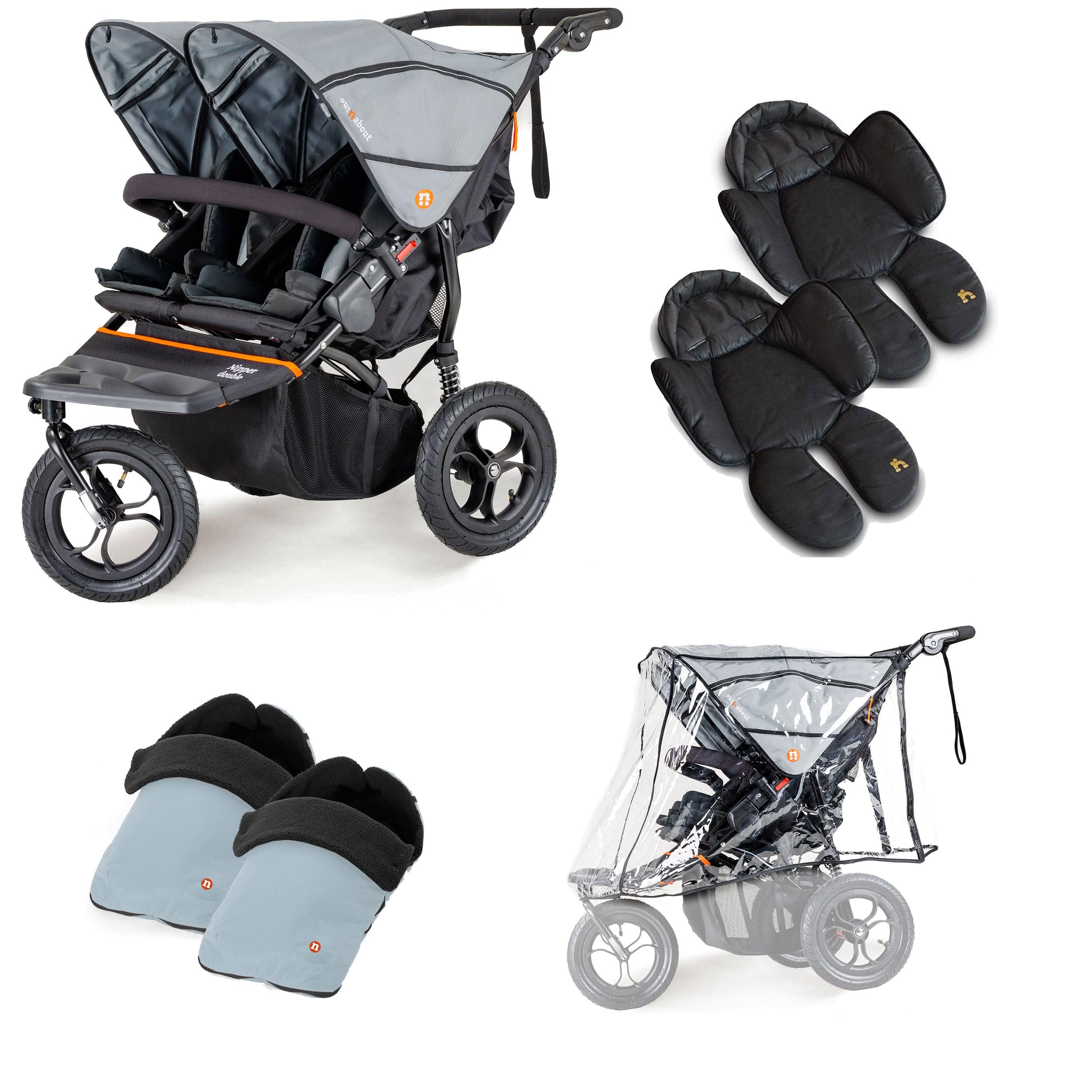 Out n About 3 Wheeler Pushchair Bundles Out n About Nipper Double Twin Comfort Kit in Rock Salt Grey 15744-DTW-COM-RSG