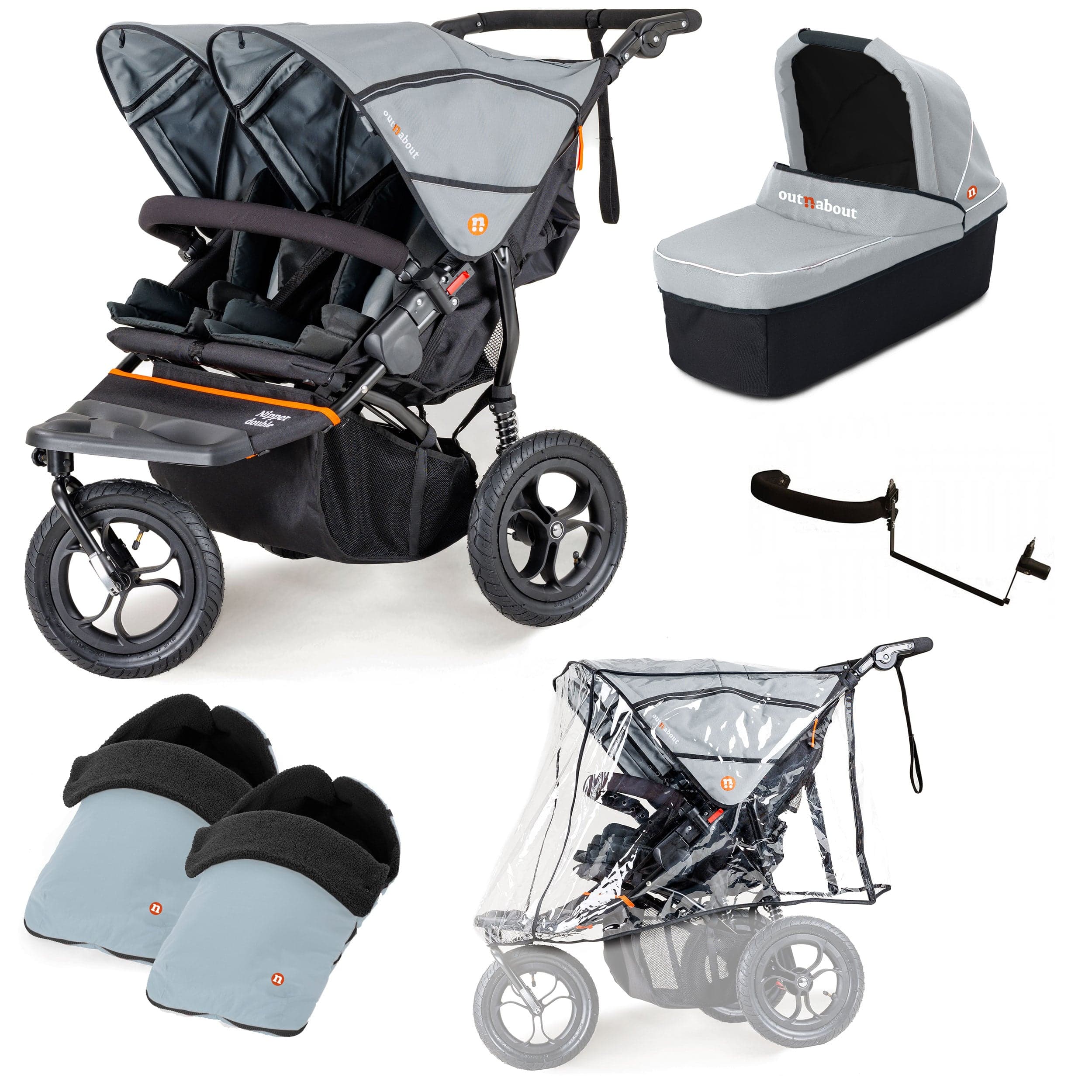 Out n About 3 Wheeler Pushchair Bundles Out n About Nipper Double Duo Essentials Kit in Rock Salt Grey 15759-DTN-ESS-RSG