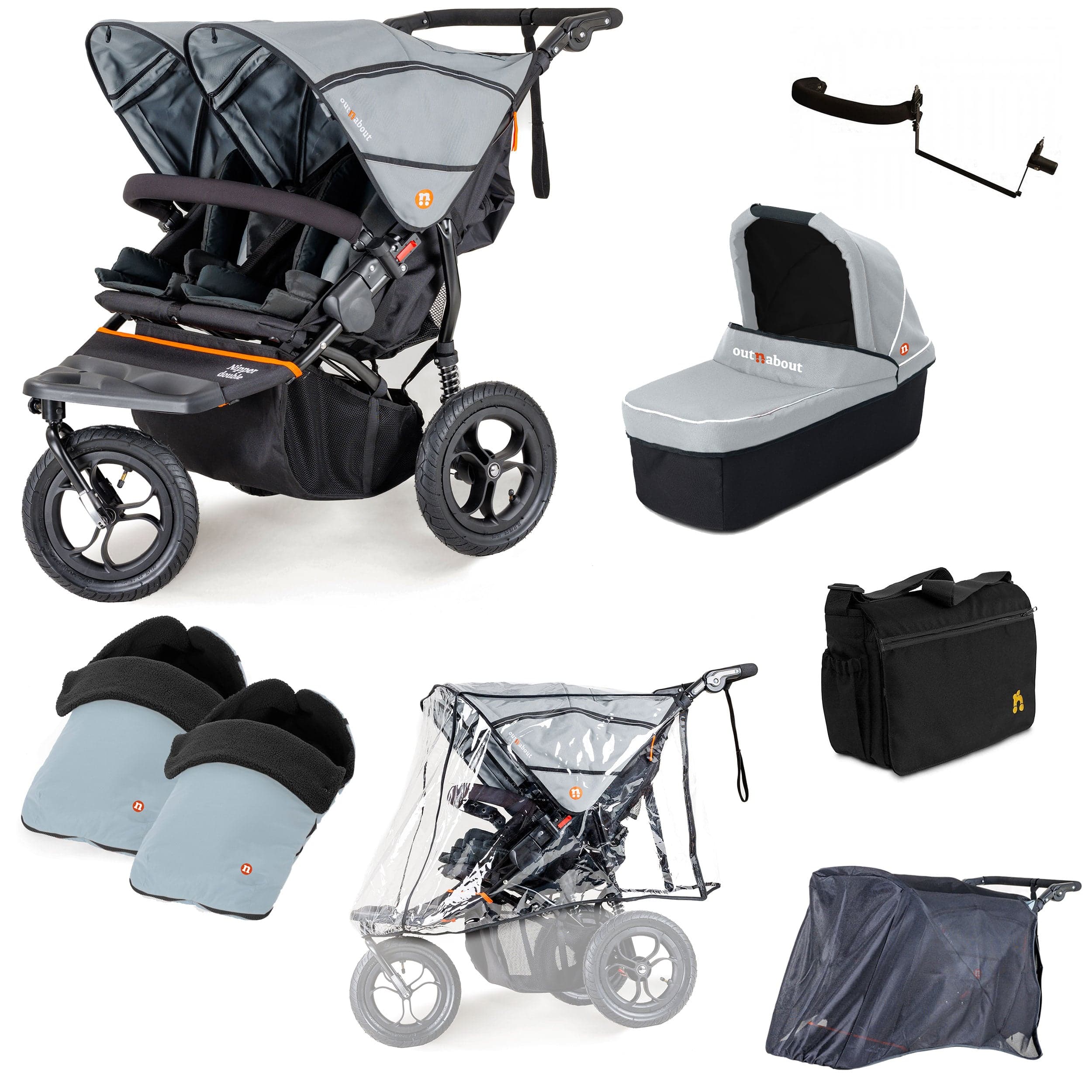 Out n About 3 Wheeler Pushchair Bundles Out n About Nipper Double Duo Ultimate Kit in Rock Salt Grey 15795-DTN-ULT-RSG