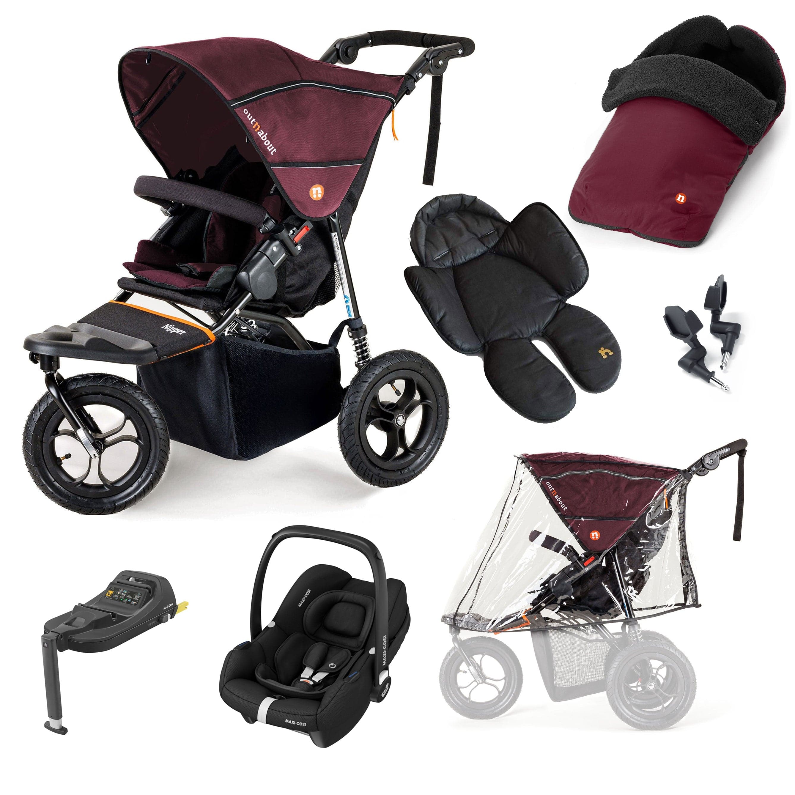 Out n About 3 Wheeler Pushchair Bundles Out n About Nipper Single Maxi-Cosi Comfort Kit in Brambleberry Red 15852-MC-CAB-RED