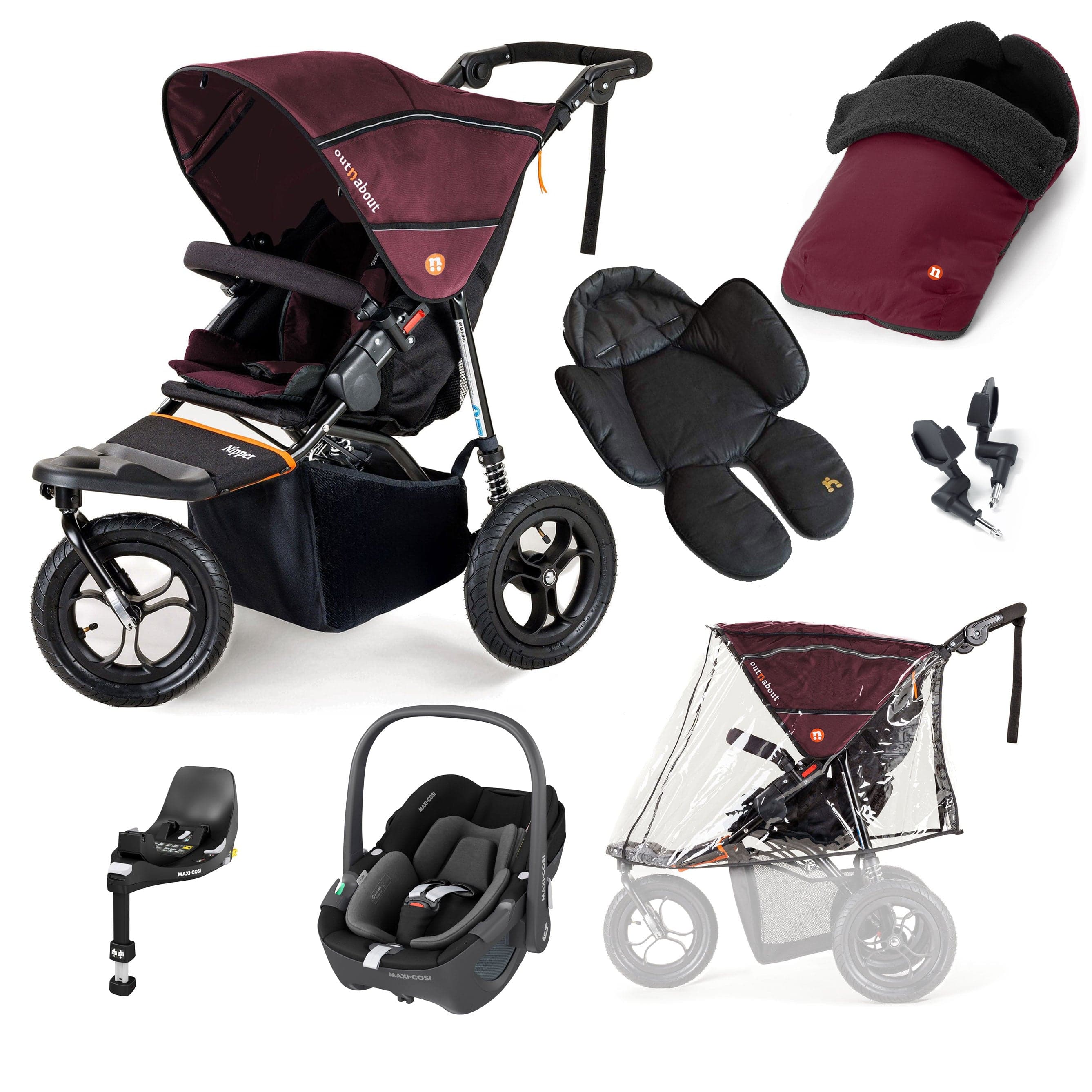 Out n About 3 Wheeler Pushchair Bundles Out n About Nipper Single Maxi-Cosi Comfort Kit in Brambleberry Red 15853-MC-P360-RED