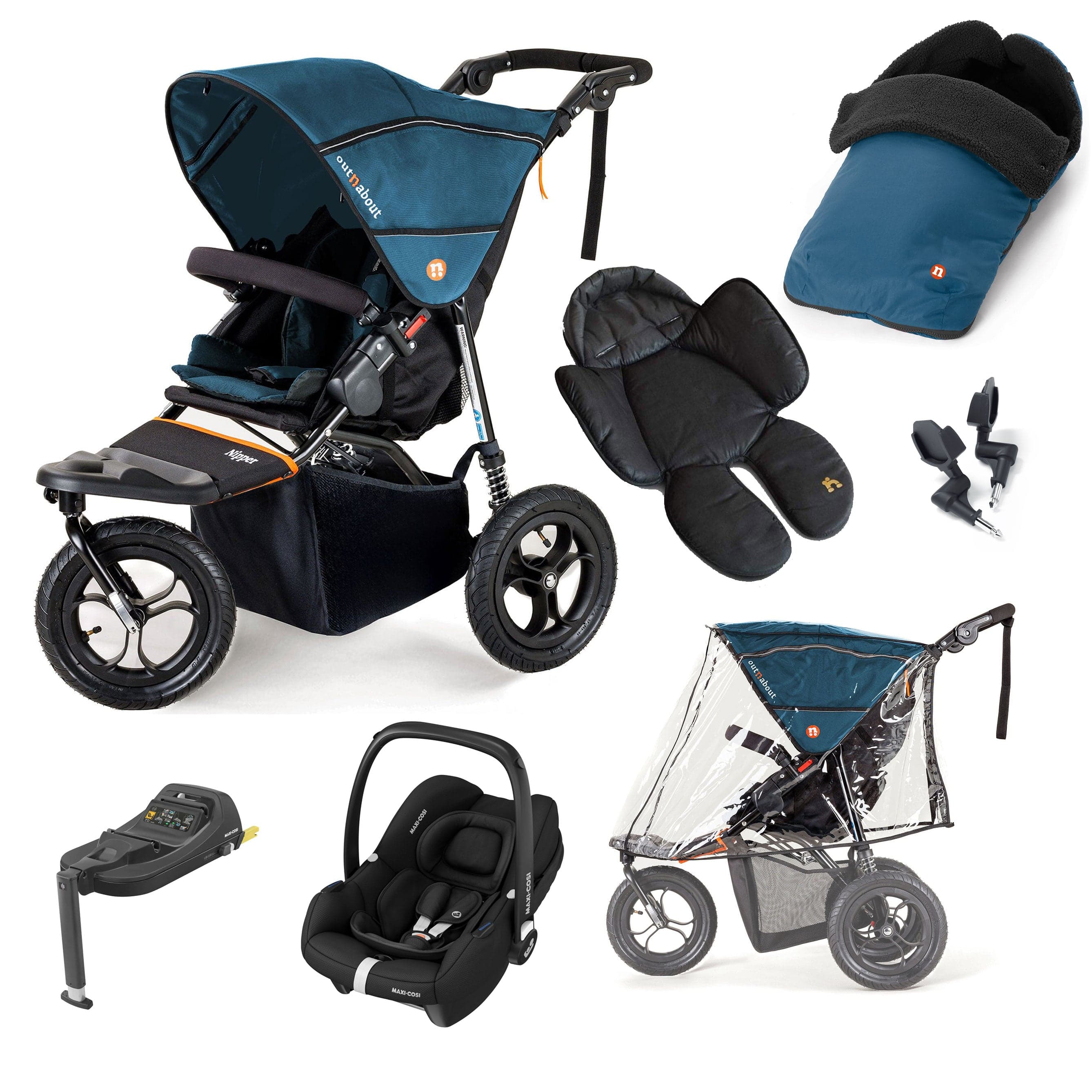 Out n About 3 Wheeler Pushchair Bundles Out n About Nipper Single Maxi-Cosi Comfort Kit in Highland Blue 15856-MC-CAB-BLU