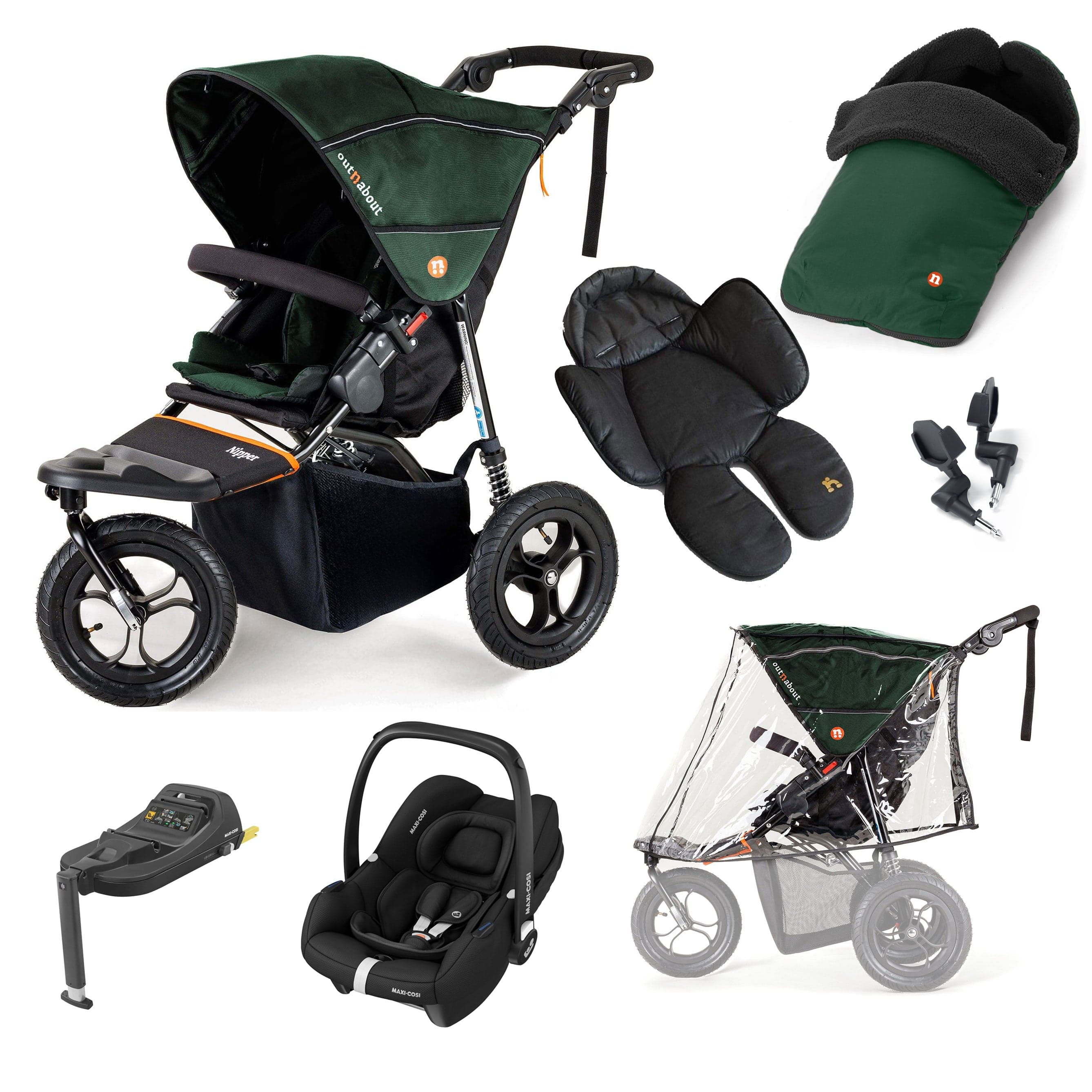 Out n About 3 Wheeler Pushchair Bundles Out n About Nipper Single Maxi-Cosi Comfort Kit in Sycamore Green 15866-MC-CAB-GRE