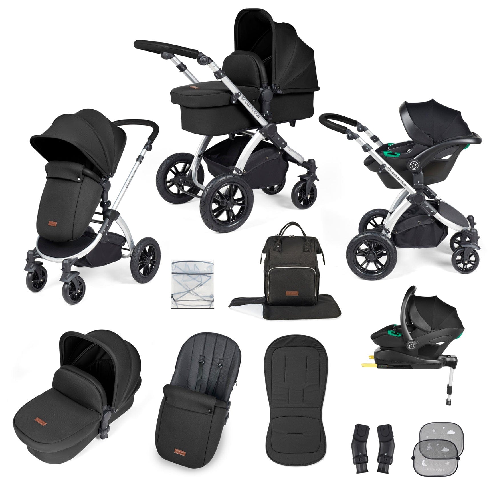 Ickle Bubba travel systems Ickle Bubba Stomp Luxe All-in-One Travel System with Isofix Base - Silver/Midnight/Black 10-011-300-249