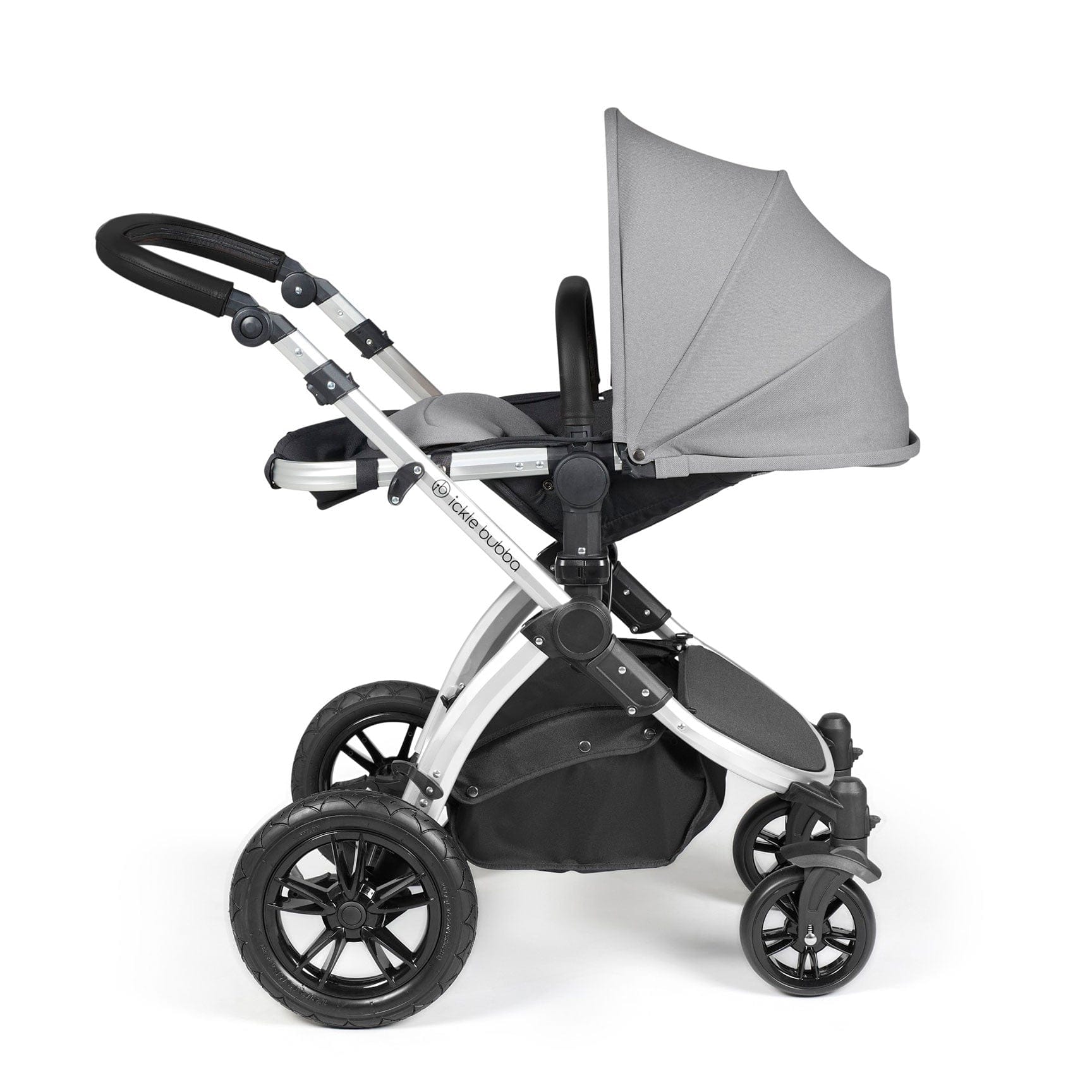 Ickle Bubba travel systems Ickle Bubba Stomp Luxe All-in-One Travel System with Isofix Base - Silver/Pearl Grey/Black 10-011-300-259